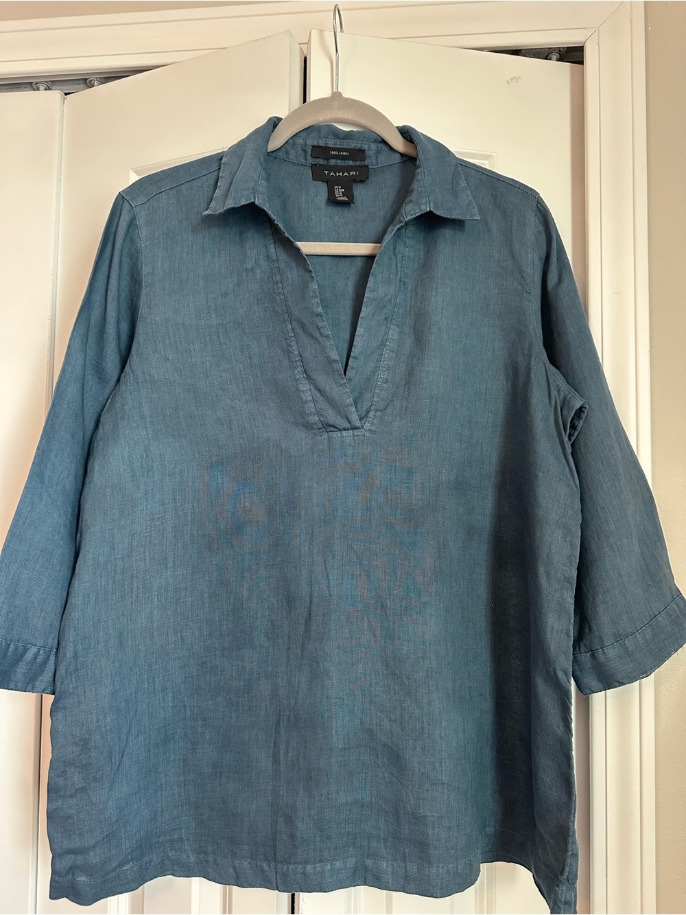 100% Linen - Tahari Women's Slate Blue Split V-Neck Tunic Top